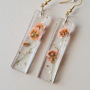 Handmade pressed flowers wildflower long rectangle dangle earrings